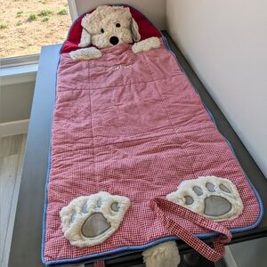 Pottery Barn Kids Dog Sleeping Bag Red Check Gingham Plush Head Paw Size 71"X29"